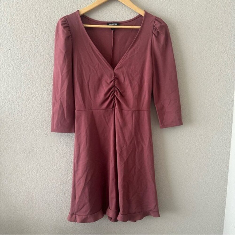Express V-Neck Ruffle Hem Fit And Flare Dress Dusty Pink Size Small - Picture 2 of 9